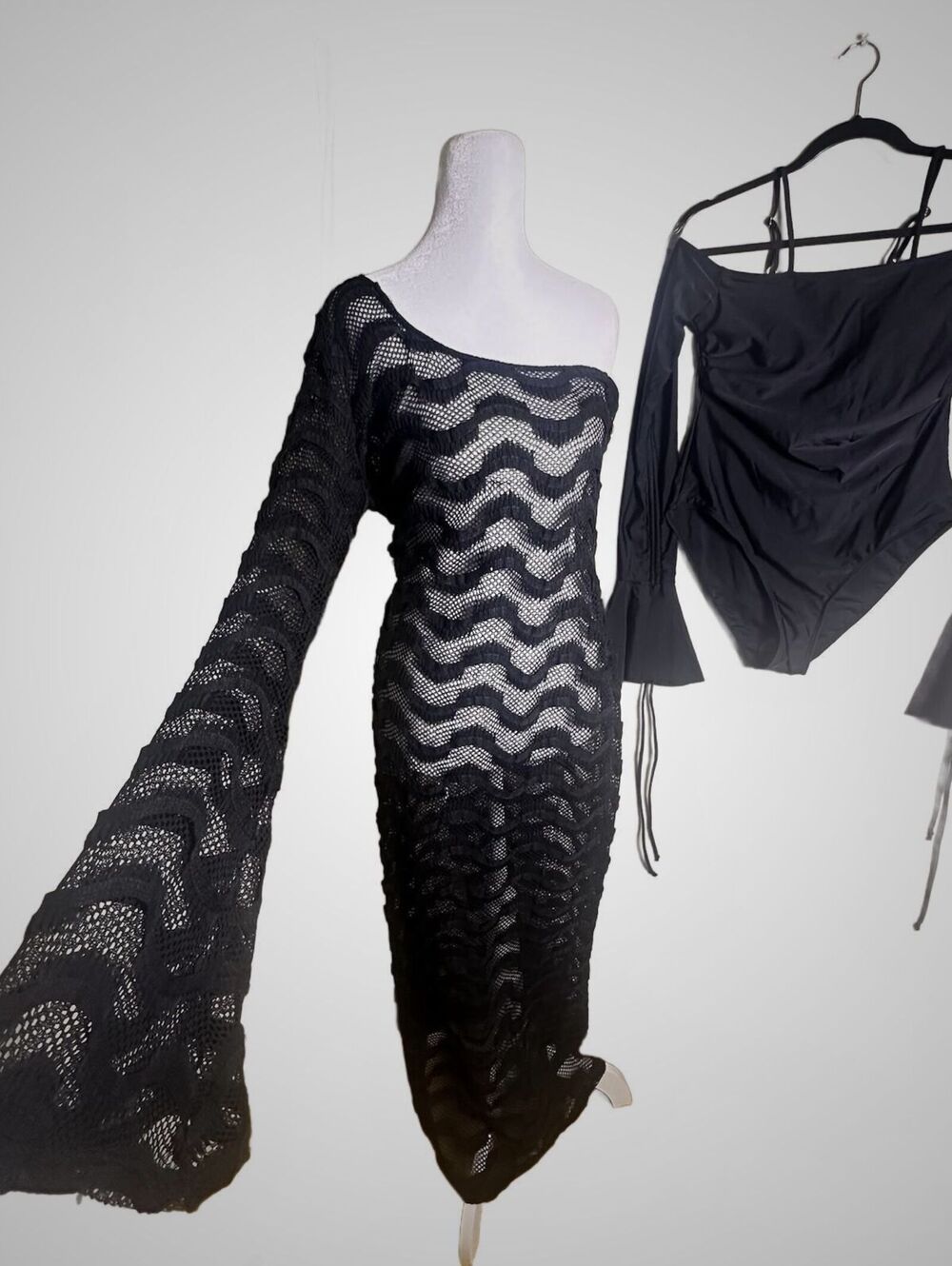 Goth Witchy Swim Suit And Beach Cover Up Bundle Rave Bell Sleeves Black Sz L/XL